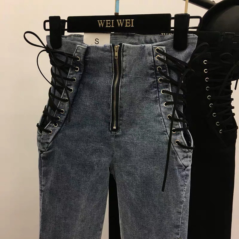 ( SẴN ĐEN M )bigsize Quần jeans đan dây hông cạp cao 2019