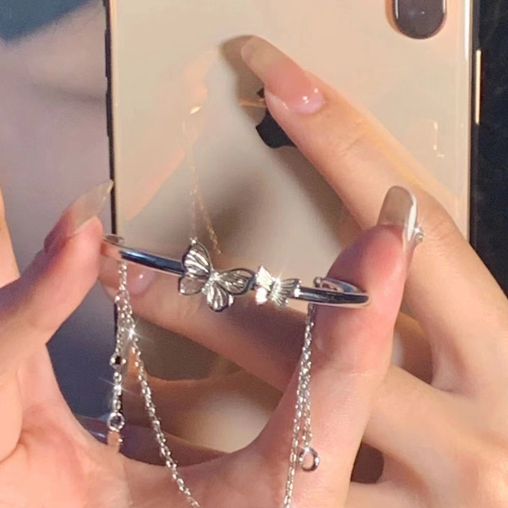 Vòng đeo tay AY hai lớp phối chuỗi xích mặt bươm bướm trái tim mạ bạc thời trang đơn giản dành cho nữ