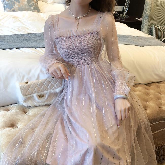 Đầm Midi Phối Lưới Họa Tiết Kẻ Sọc Thời Trang Xuân Hè Xinh Xắn Cho Nữ