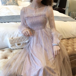 Đầm Midi Phối Lưới Họa Tiết Kẻ Sọc Thời Trang Xuân Hè Xinh Xắn Cho Nữ