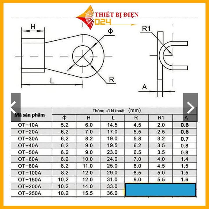 Đầu cos dây điện đồng đỏ OT-10A, đầu cốt bấm dây điện, cosse nối bình acquy xe đạp, xe máy, loa âm thanh