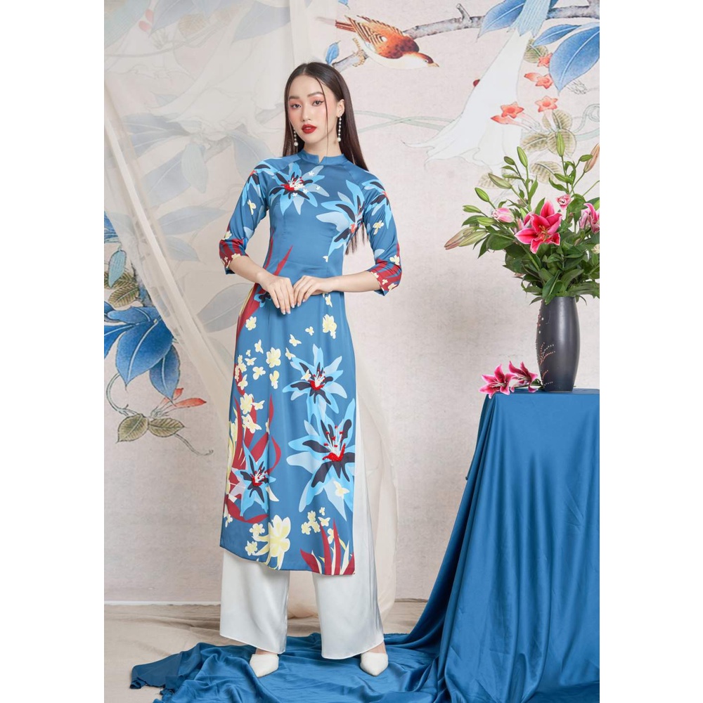 Bộ áo dài cách tân tay dài nữ kèm quần, chất lụa cao cấp, họa tiết hoa Lily độc quyền HeraDG SAD2006