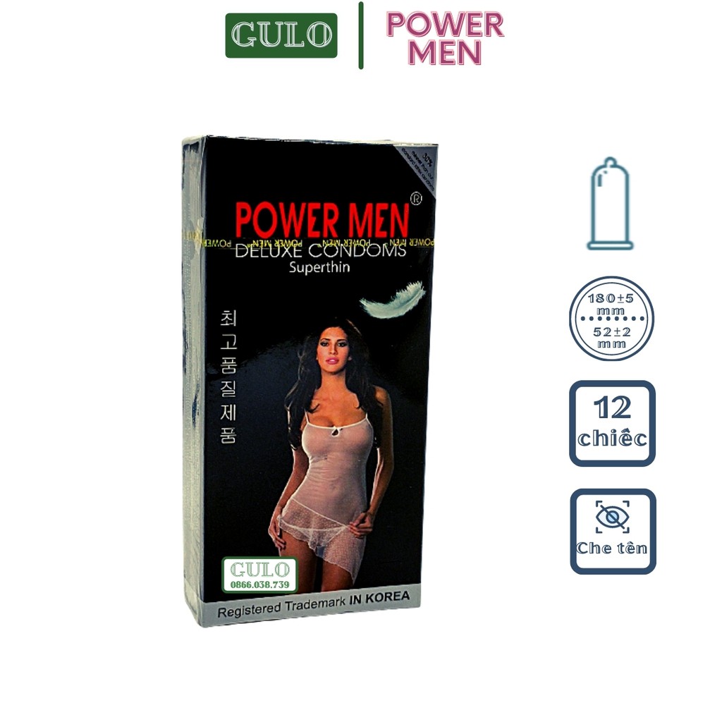 Bao cao su siêu mỏng Power Men Superthin, BCS trơn siêu mỏng truyền nhiệt nhanh- Hộp 12 bao