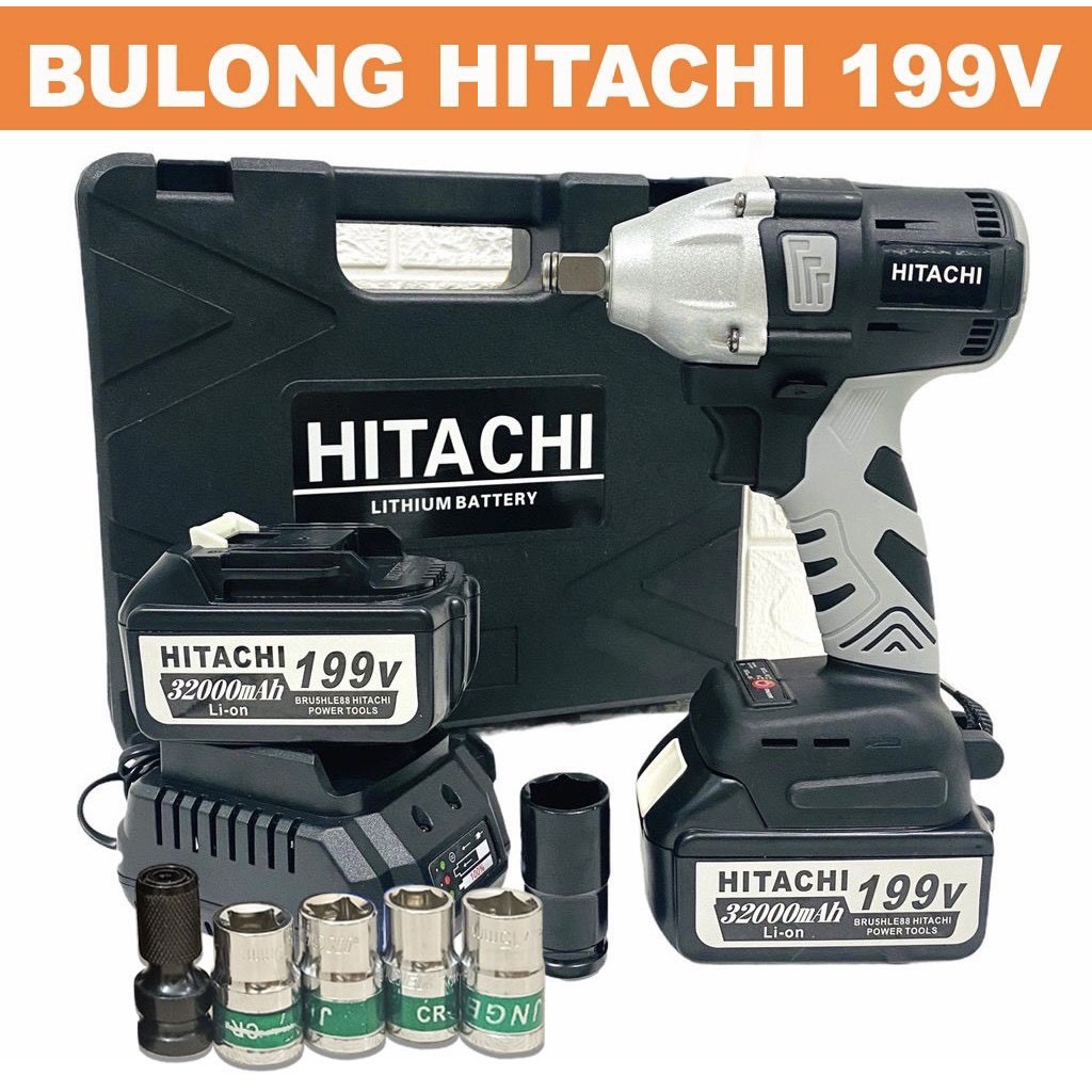 Máy siết bulong dùng pin không chổi than 199V Hitachi - Tặng kèm 05 đầu khẩu cao cấp + 01 đầu chuyển bắt vít