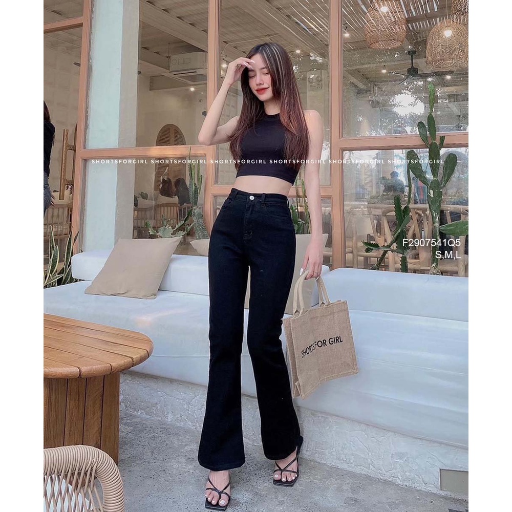 Quần jean đen dai ống loe lai to lưng cao tôn dáng!