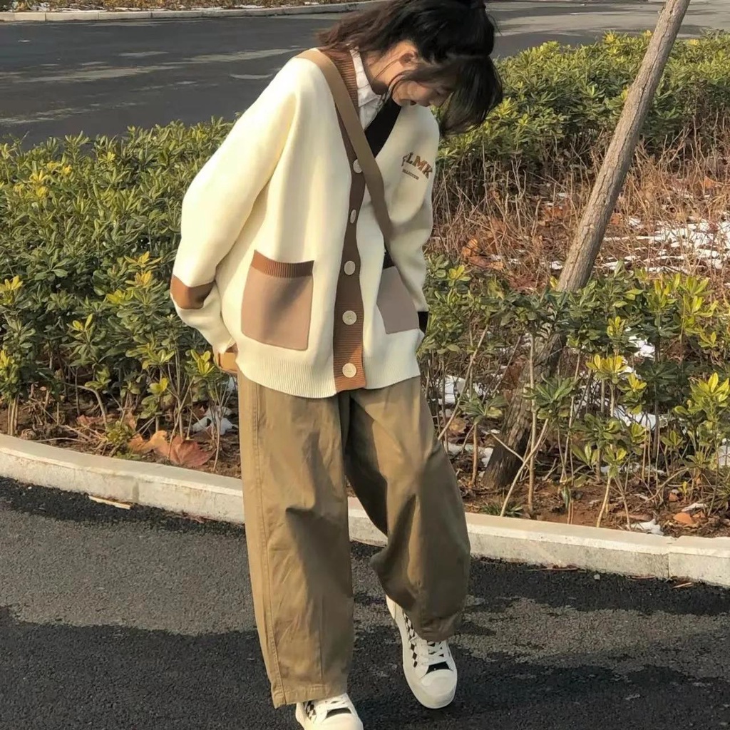 Bộ Áo Khoác Cardigan Cổ Chữ V Dáng Rộng Màu Sắc Tương Phản Phối Quần ống rộng Thời Trang Hàn Quốc