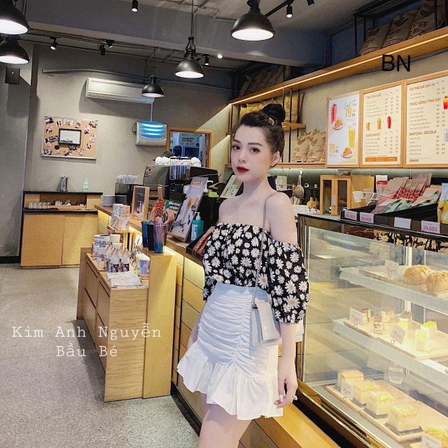 Set 3 món áo trễ vai hoa cúc + chân váy +choker 829BN