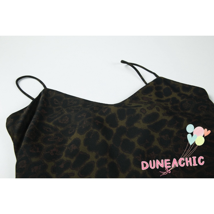 DUNEA Đầm Dây Nữ Cộc Tay Cổ Chữ V In Họa Tiết Da Báo Thời Trang