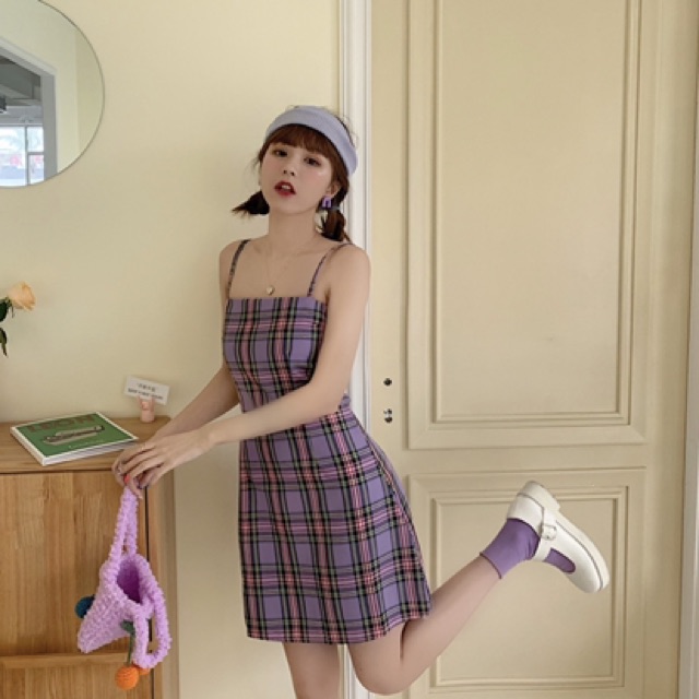 Set váy hai dây kẻ áo lưới ulzzang tím