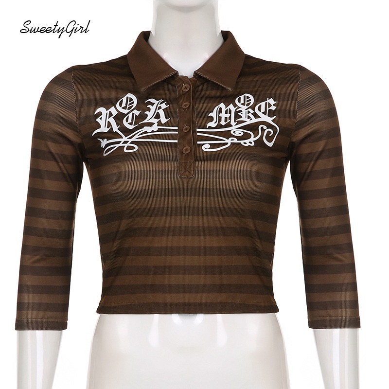 Áo Polo Tay Ngắn Cổ Bẻ Dáng Ôm In Họa Tiết Kẻ Sọc Thời Trang Xinh Xắn Cho Nữ