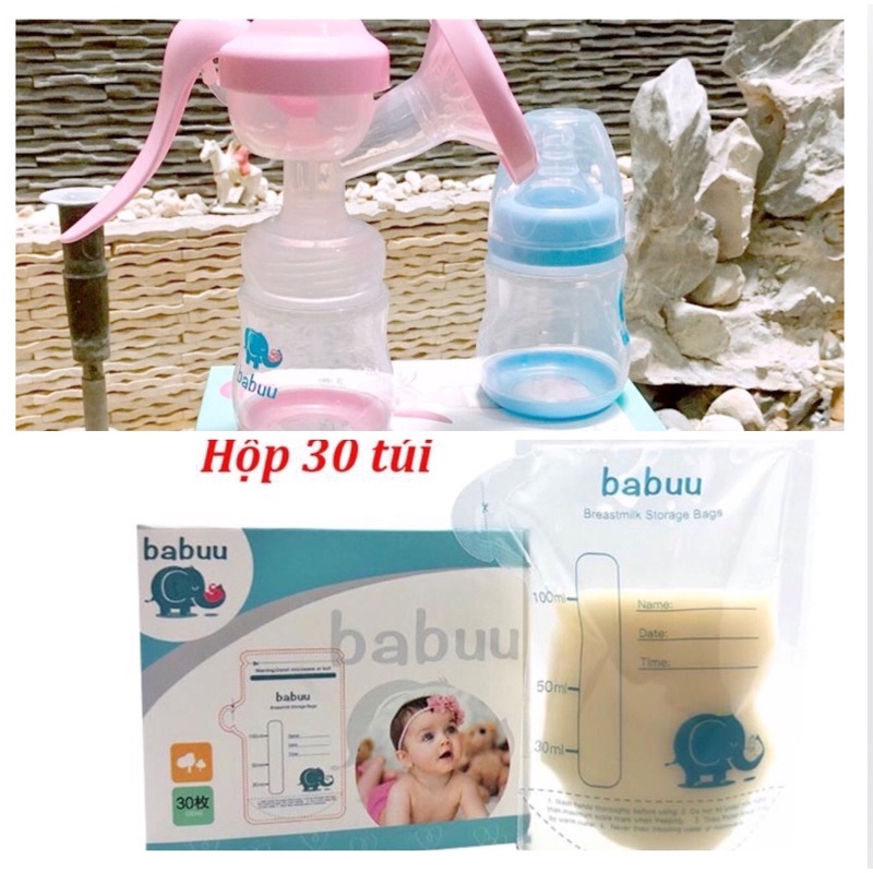 Combo máy hút sữa + cốc đựng sữa + 30 gói trữ sữa Babuu nhật bản