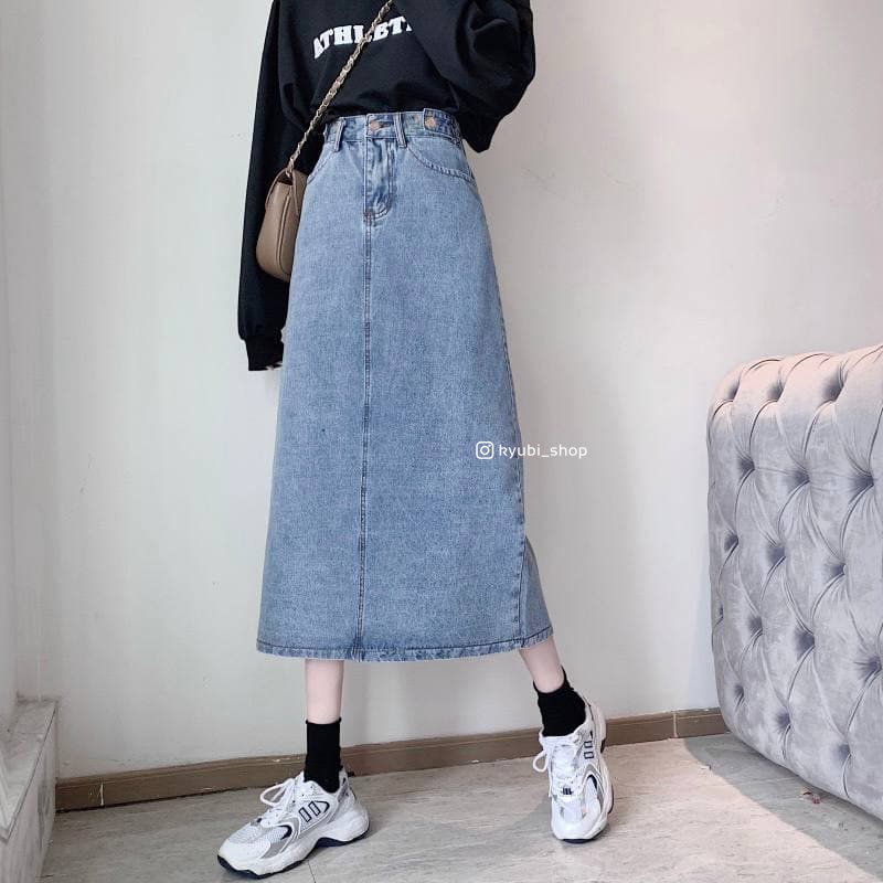 Chân váy dài Midi Jean Kyubi lưng cao dáng chữ A  cài lưng độc đáo [Nhiều Mẫu] - Váy Bò dài Cạp cao Ulzzang Ky ubi CVJ03 | BigBuy360 - bigbuy360.vn