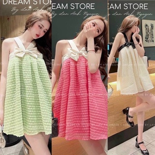 Đầm xốp dây cổ yếm nơ ngực