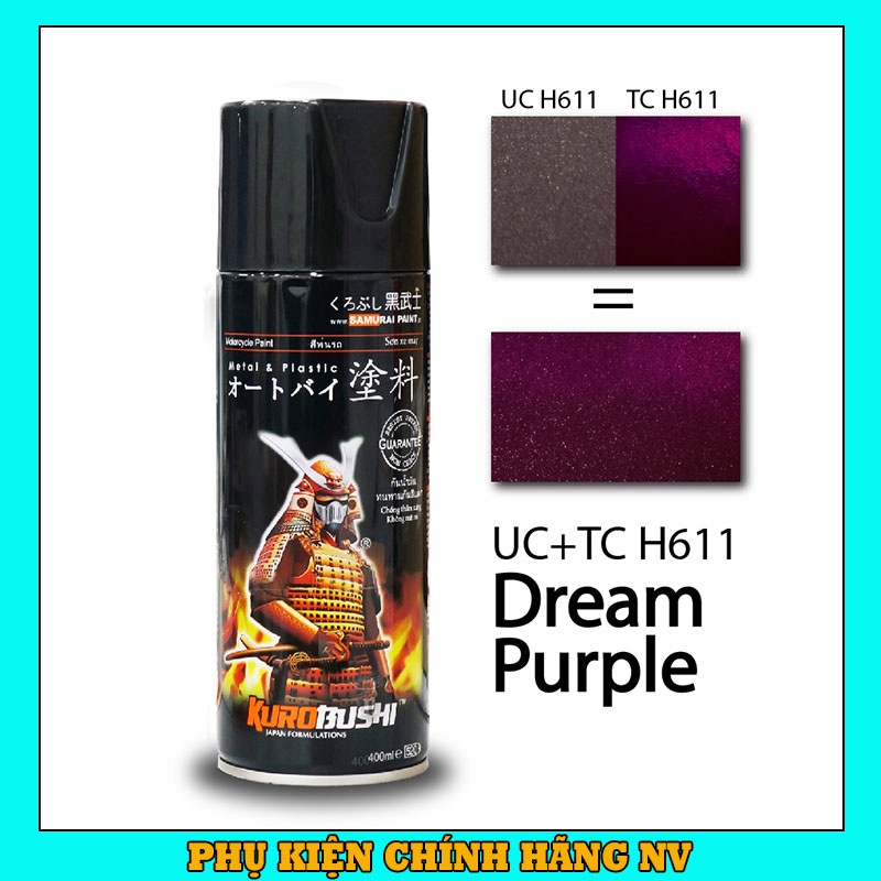 Sơn Samurai màu tím nho UCH611 + TCH611 chính hãng, sơn xịt phủ dàn áo xe máy chịu nhiệt, chống nứt nẻ, kháng xăng