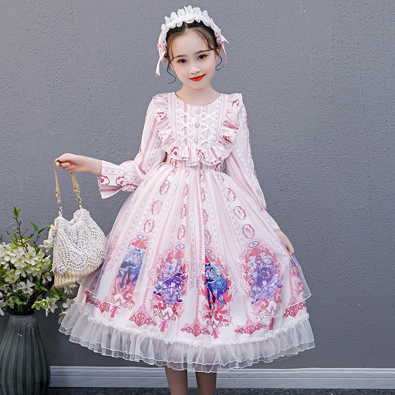Đầm Công Chúa Dáng Dài Phối Lưới Kẻ Sọc Kiểu Lolita Dễ Thương Cho Bé Gái