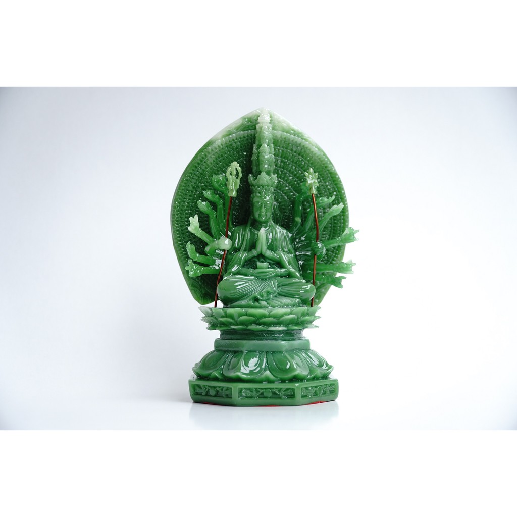 Tượng Phật Thiên Thủ Thiên Nhãn Chuẩn Đề hào quang ngọc xanh - Cao 16cm