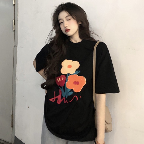 Áo Thun Dáng Rộng In Hoa Kiểu Hàn Quốc Thời Trang Mùa Hè Cho Nữ Cỡ 2XL
