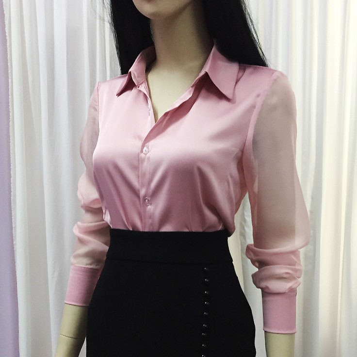 Áo sơ mi nữ dài tay💖Ảnh thật💖Áo lụa nữ công sở tay voan phom suông màu cam | BigBuy360 - bigbuy360.vn