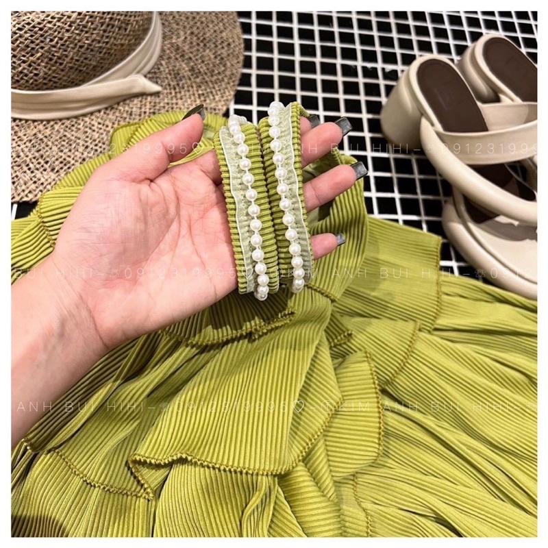 VÁY/ĐẦM MAXI HAI DÂY SUÔNG TĂM LY TẦNG DÀI, DÂY CHẠY VIỀN NGỌC 2 MÀU ĐEN-XANH HOT