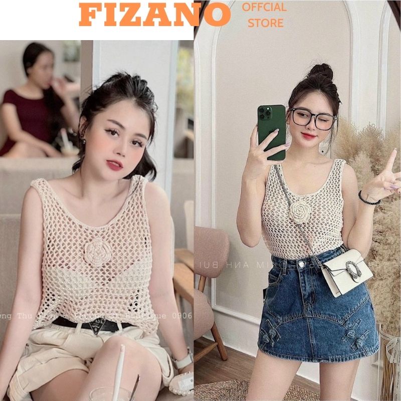 Áo len lưới nữ sát nách đính hoa hồng hàng Quảng Châu siêu đẹp FIZANO M1.175