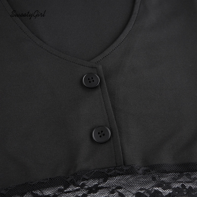 Áo Croptop Tay Dài Cổ Chữ V Màu Trơn Cài Nút Viền Ren Thời Trang Đường Phố Cho Nữ