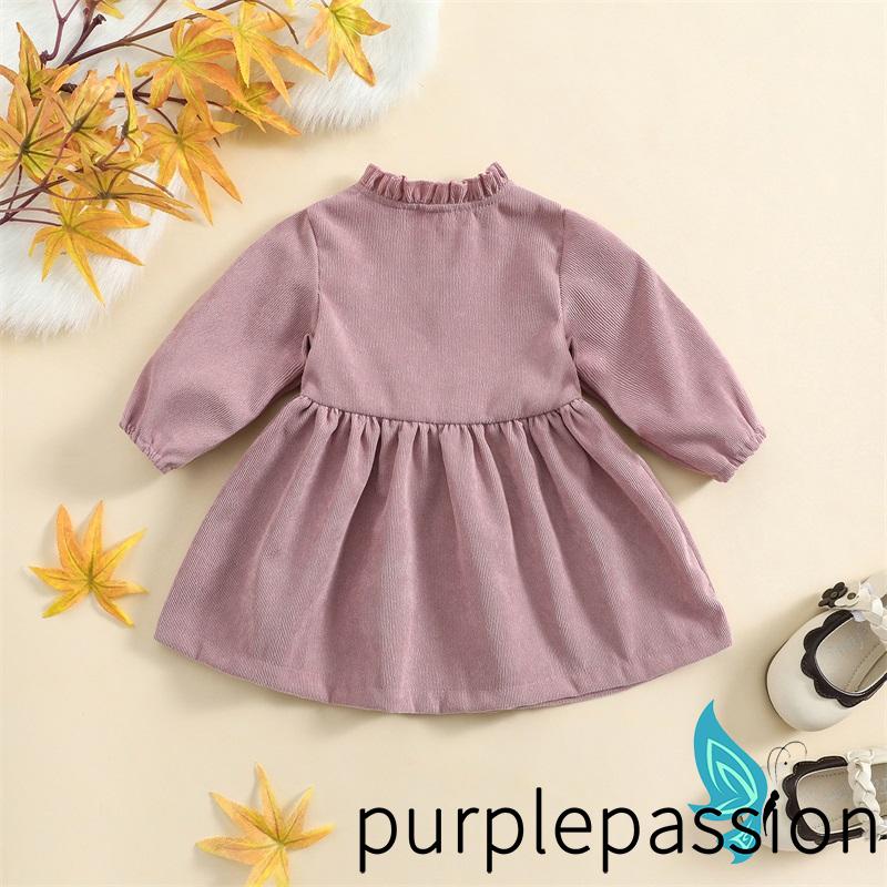 Đầm Nhung Dài Tay Dáng Chữ A Cổ Bèo Màu Trơn Cài Nút Thời Trang Mùa Thu Cho Bé Gái