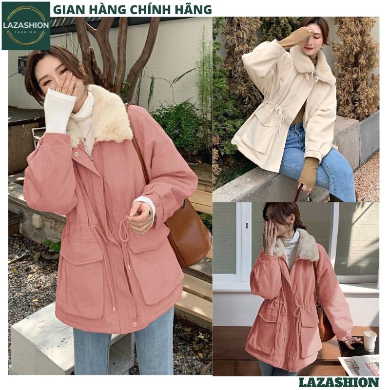 Áo Khoác Kaki Jacket Cổ Phối Lông Dây Rút Eo 2 Màu - Áo Khoác Nữ Hàn Quốc Cổ Bẻ Dày Dặn - LAZASHION