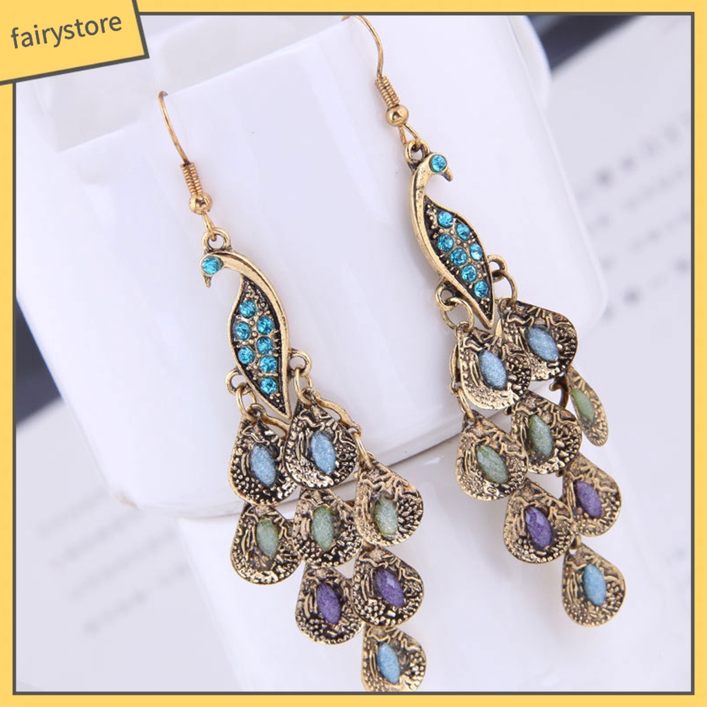 1 Đôi Bông Tai Hình Chim Công Đính Đá Phong Cách Vintage