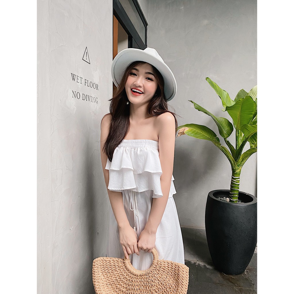 Đầm maxi dáng xoè không dây bo thun