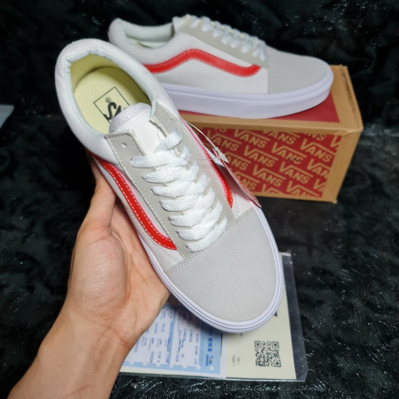 [Ảnh Thật + Video] Giày Thể Thao Vans Old Skool Trắng Sọc Đỏ || Vans Old Skool White Red