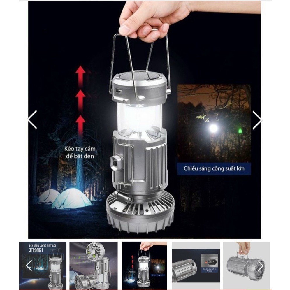Đèn Pin Dã Ngoại 3 in 1 Đèn Bão Du Lịch Đi Câu Cá Cắm Trại Picnic Sạc Năng Lượng Mặt Trời Có Quạt Kiêm Sạc Dự Phòng