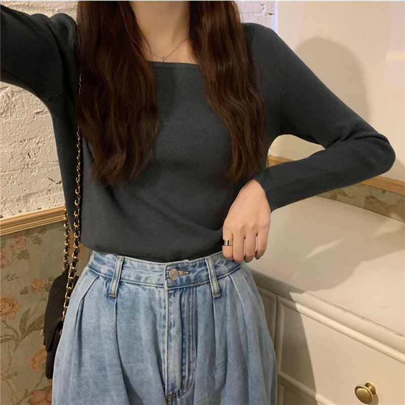 NZN Áo thun dệt kim cổ vuông màu trơn thời trang cho nữ