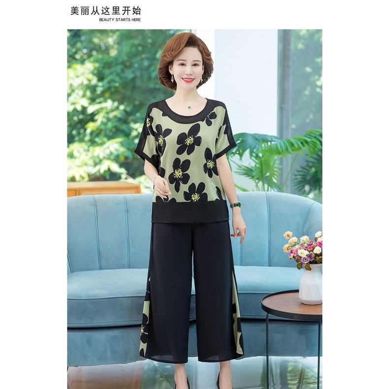 Đồ bộ trung niên nữ cho mẹ mặc nhà, Hàng Quảng Châu cao cấp, Bộ thun voan tay cánh dơi 2 màu V'vie Ladies #B20