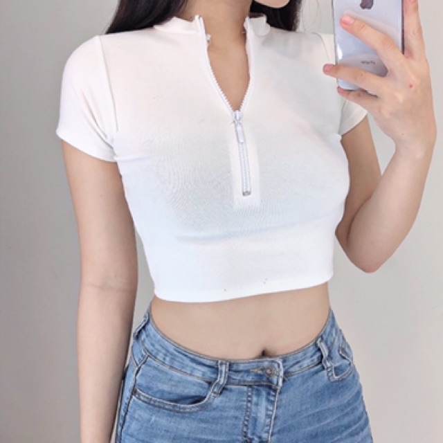 Áo croptop nữ, áo kiểu nữ chất borip kéo khoá basic - Colory shop