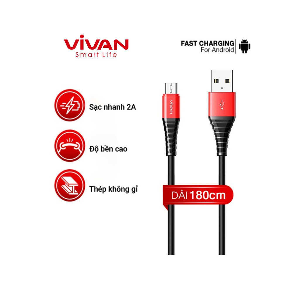 Cáp Sạc Micro USB VIVAN SM180 2A 180CM - BẢO HÀNH CHÍNH HÃNG 1 ĐỔI 1