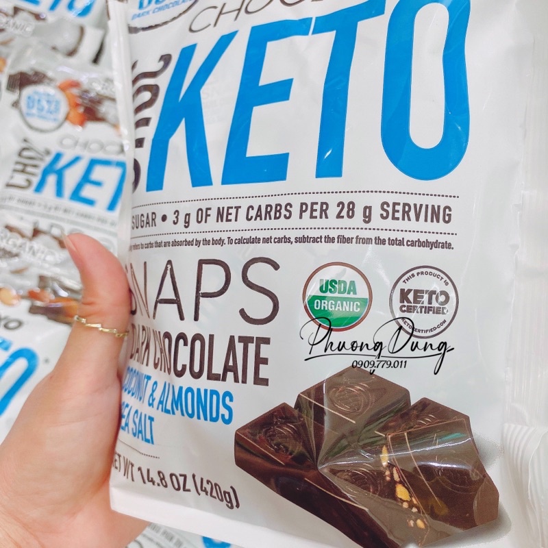 Socola đắng Chocxo Keto Snaps Dark Chocolate Coconut Almond Sea Salt Mỹ 420g