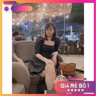 Đầm cổ vuông tay phồng gấm dập 3D