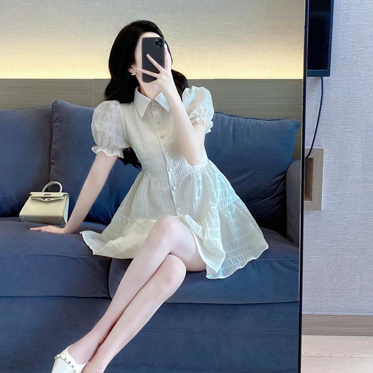 Dress woman summer sweet 2022 new small French style thin pleated bubble sleeve shirt a-shaped skirt