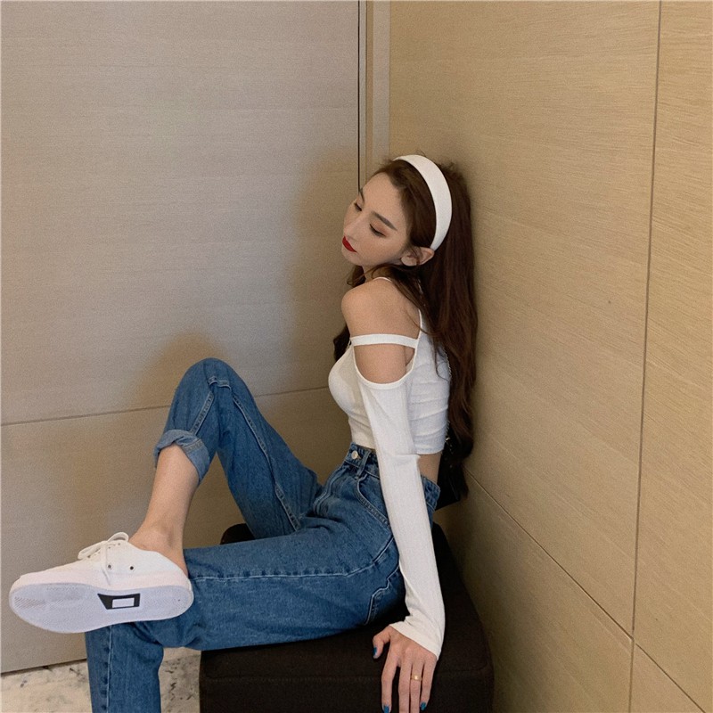 Áo thun IELGY tay dài hở vai phong cách retro tùy chọn màu sắc dành cho nữ