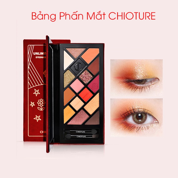 Bảng phấn mắt CHIOTURE 15 màu hiệu ứng ánh kim kèm cọ trang điểm