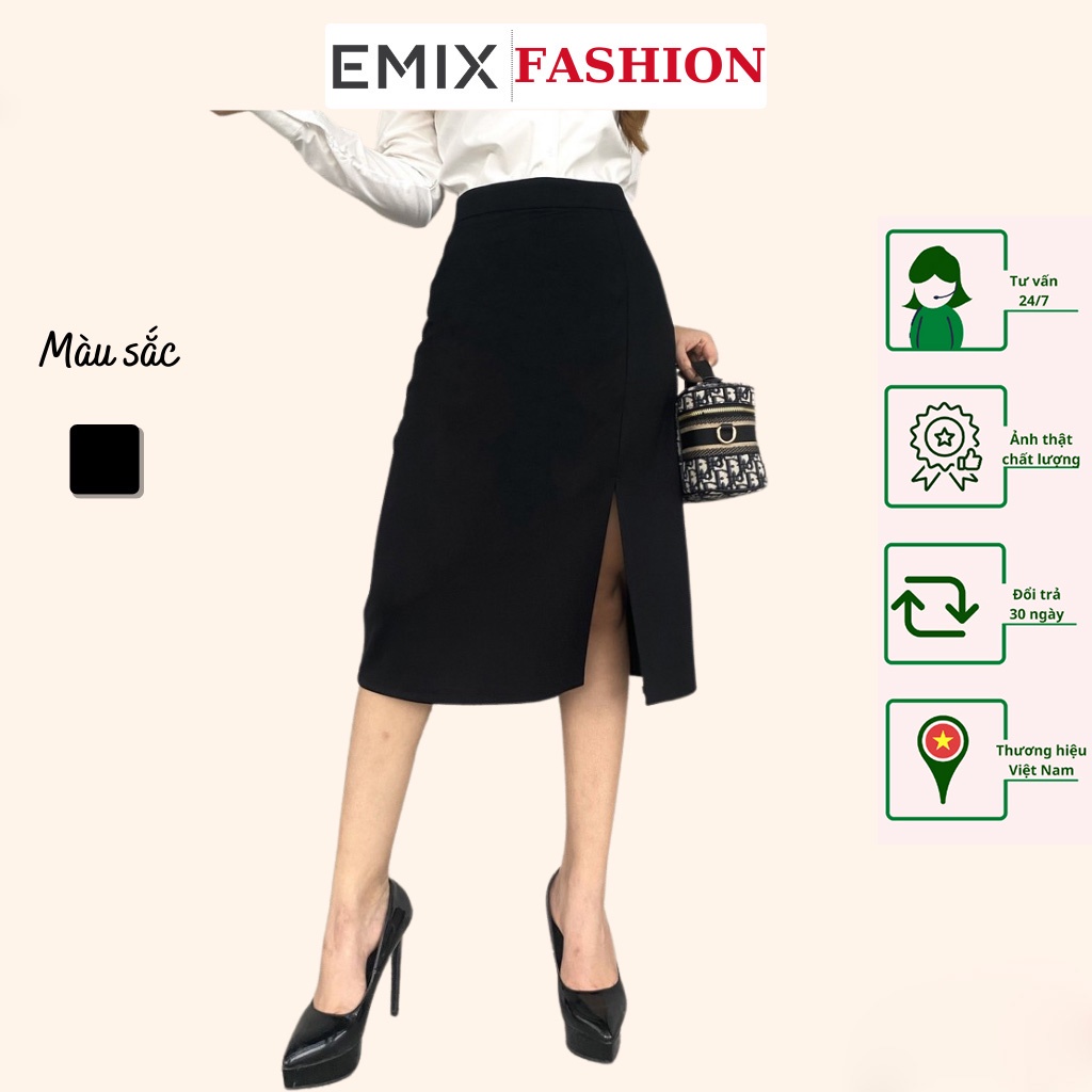 Chân váy công sở xẻ tà EMIX , midi, dáng dài, cạp cao, có quần lót trong, vải tuyết mưa ít giãn, mềm mịn CV808