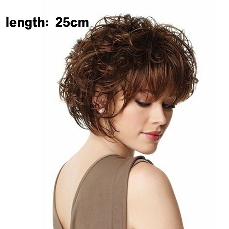 Fashion Women Lady Short Curly Wig Brown Wavy Hair Natural Neat Bang w/ Rose Net ☆MeetSellMall