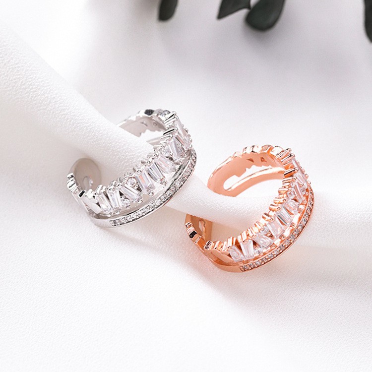 XiaoboACC Nhẫn Hai Lớp Đính Đá Zircon Phong Cách Hàn Quốc