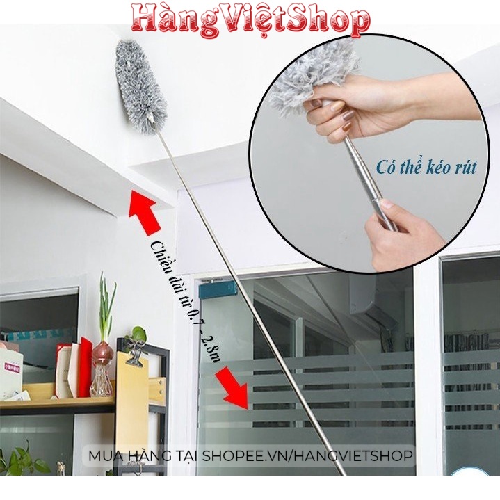 Chổi lông quét lau bụi mạng nhện trần nhà, cây cán dài đa năng inox rút gọn gập được 90 độ thông minh