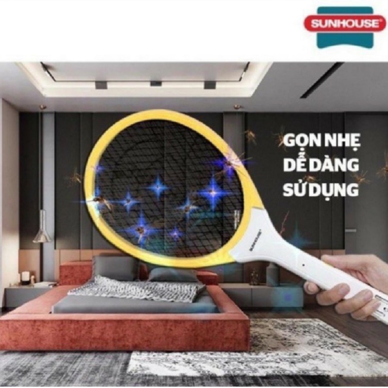 Vợt Muỗi SUNHOUSE SHE-E200 Chính Hãng Màu Vàng Pin Khỏe, Độ Bền Cao - Dụng Cụ Diệt Muỗi, Côn Trùng Dùng Pin Sạc