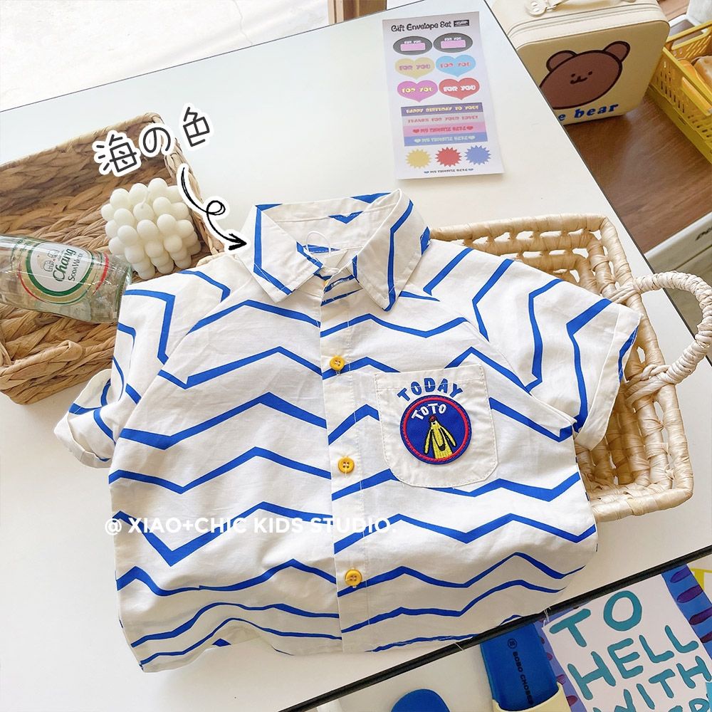 Áo Sơ Mi Ngắn Tay Họa Tiết Kẻ Sọc Phong Cách Hàn Quốc Thời Trang Mùa Hè Cho Bé Trai