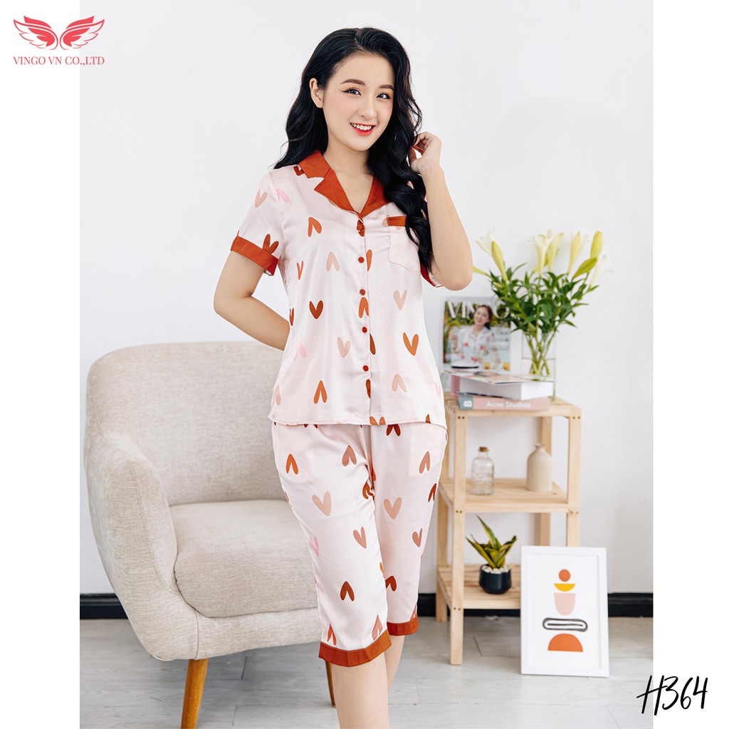 VINGO Bộ Đồ Mặc Nhà Nữ Kiểu Pijama Lụa Pháp Cao Cấp Tay Cộc Quần Lửng Họa Tiết Tim Nền Hồng H364 VNGO - TCQL