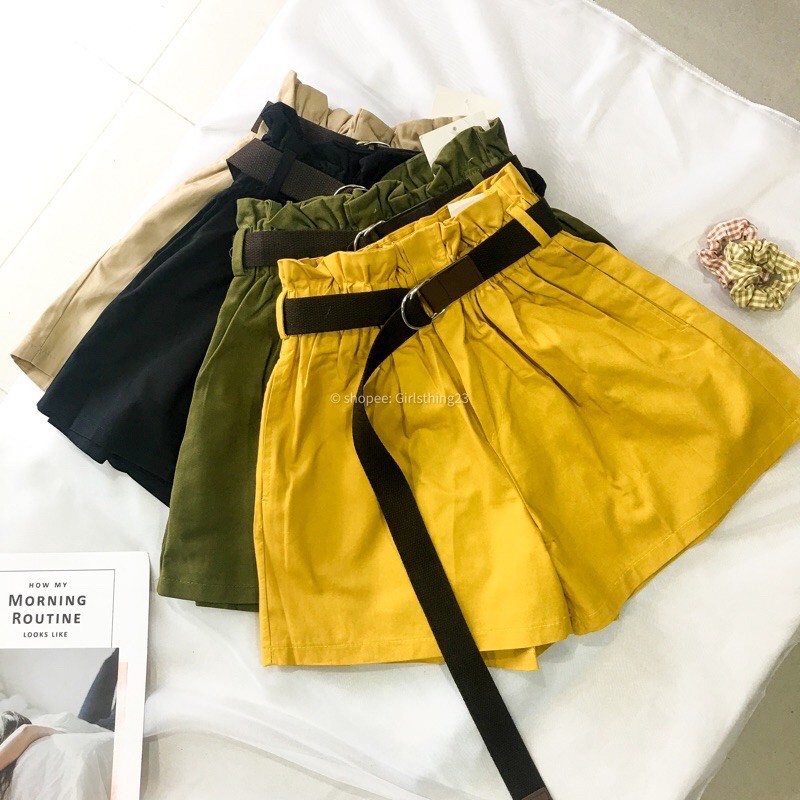 Quần Short Nữ Chất Liệu Kaki, Lưng Thun Cạp Cao Ống Rộng (Tặng Kèm Dây Nịt Dù)