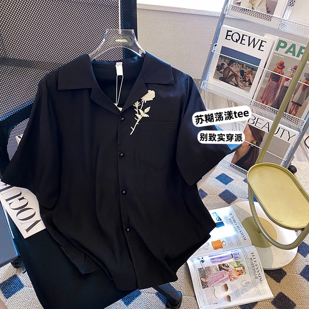 Áo Sơ Mi Nữ Ngắn Tay Màu Đen Thêu Hoa Hồng Thời Trang