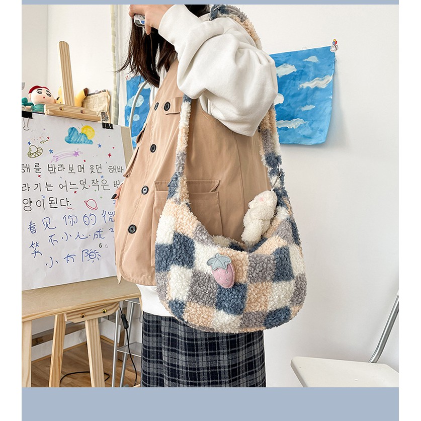 Túi Tote Đeo Chéo Caro Ulzzang Nữ Đi Học Vải Dệt Lông Cừu Phong Cách Hàn Quốc, T002